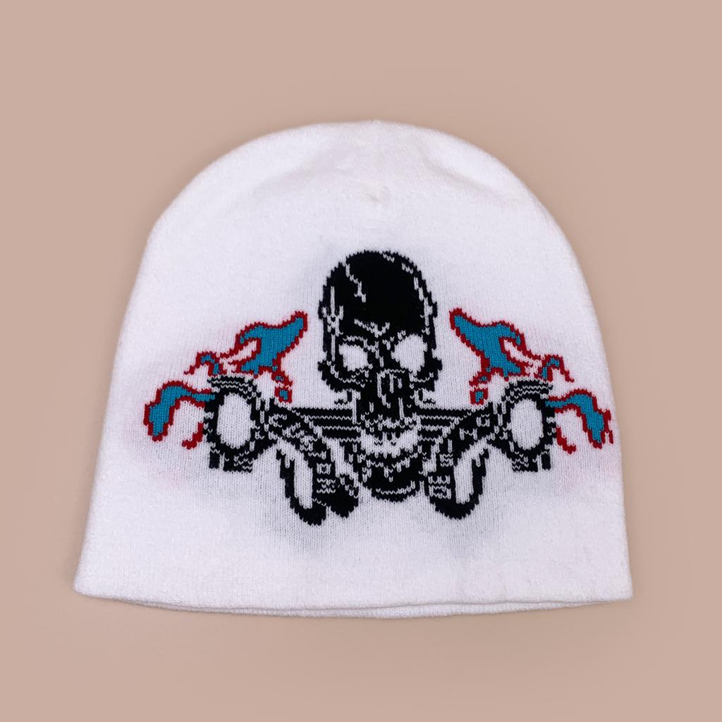 Autumn and Winter Dark Wind Skull Flame Jacquard Knitted Hat Men and Women Warm Personality Retro Street Pullover Hat