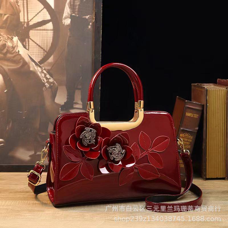 Solid Color Handmade 3D Embroidery Handbag Cross-Border Foreign Trade Exclusive Glossy Patent Leather Shoulder Tote Bag Crossbody Bag
