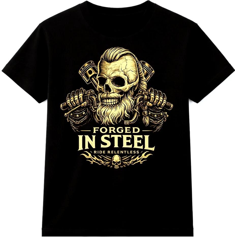 Skull Biker T Shirt Ride Relentless Forged in Steel Motorcycle Tee Graphic Top S