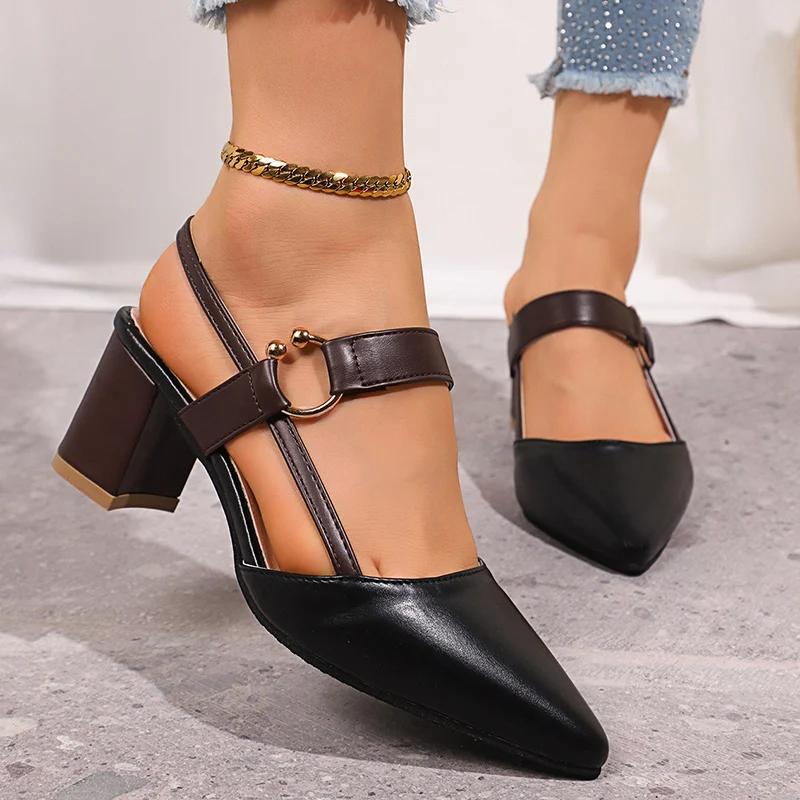 Fashion Elegant Pointed Toe Chunky Heel Sandals Women Summer Slingback High Heels Pumps Woman Fashion Thick Heeled Party Dress Sandalias