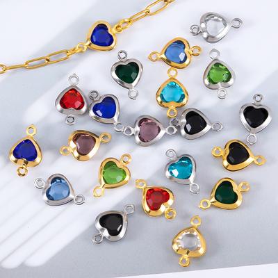 10pcs 7.5mm Stainless Steel Double Hole Heart Pendant Colorful Crystal Charms Connector for DIY Necklace Bracelet Jewelry Making
