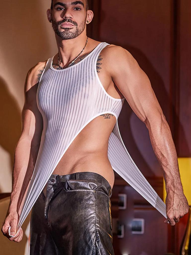 Sexy Herren Gestreifter Bodysuit Tops Schnalle Schritt Offen Reiz Nachtwäsche Durchsichtig Transparent Strumpfhosen Mann Tanga Schnitt Bodysuit Former