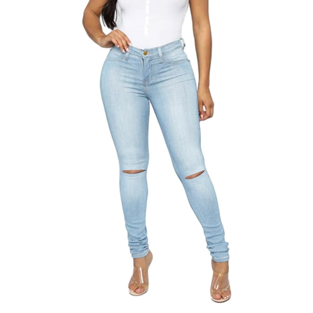 Womens Hole Button Zipper Pocket Jeans Casual Denim Flares Wide Leg Slim Pants