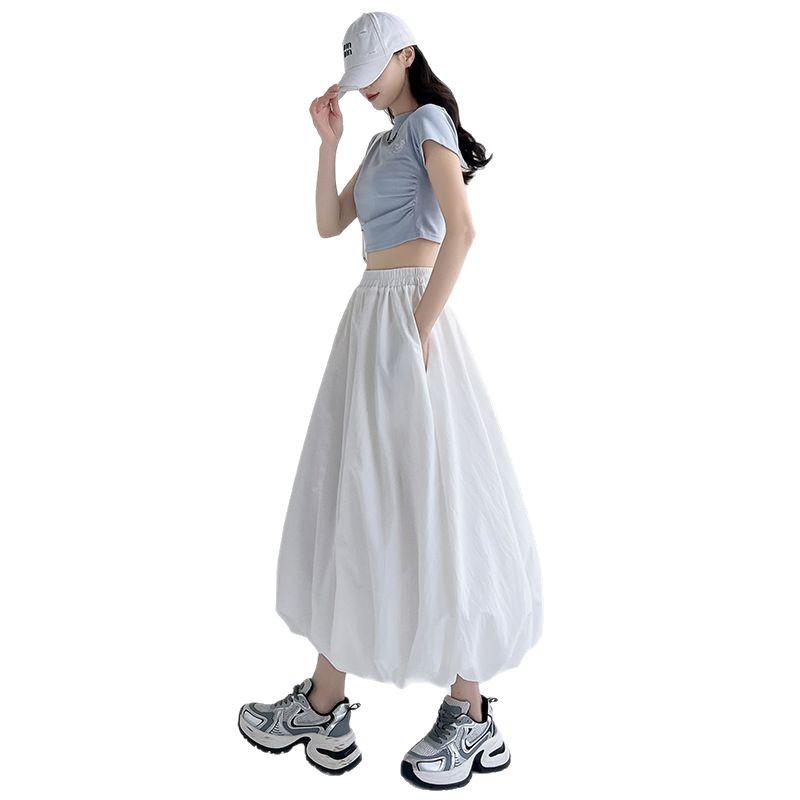 Damen Tulip Midi Rock: Legere A-Linie, aufgesetzter Laternenärmel für Frühling & Sommer