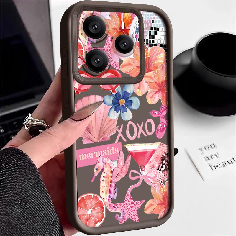 Pink Cartoon Pattern Floral Case For Xiaomi Redmi Note 14 13 Pro 5G 4G 12 11 Funda Xiaomi 14T 13T 11T Pro Shockproof Bumper Silicone Cover