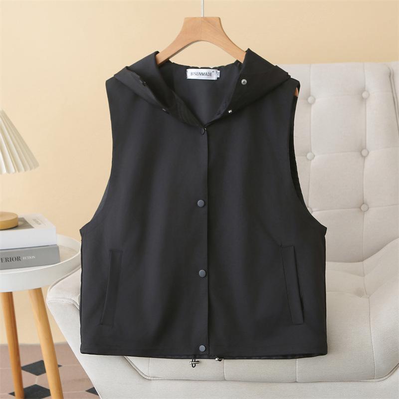 

2026 Spring Plus Size Hooded Cardigan Vest for Women, Slimming Sleeveless Cape 8817 2XL чёрный