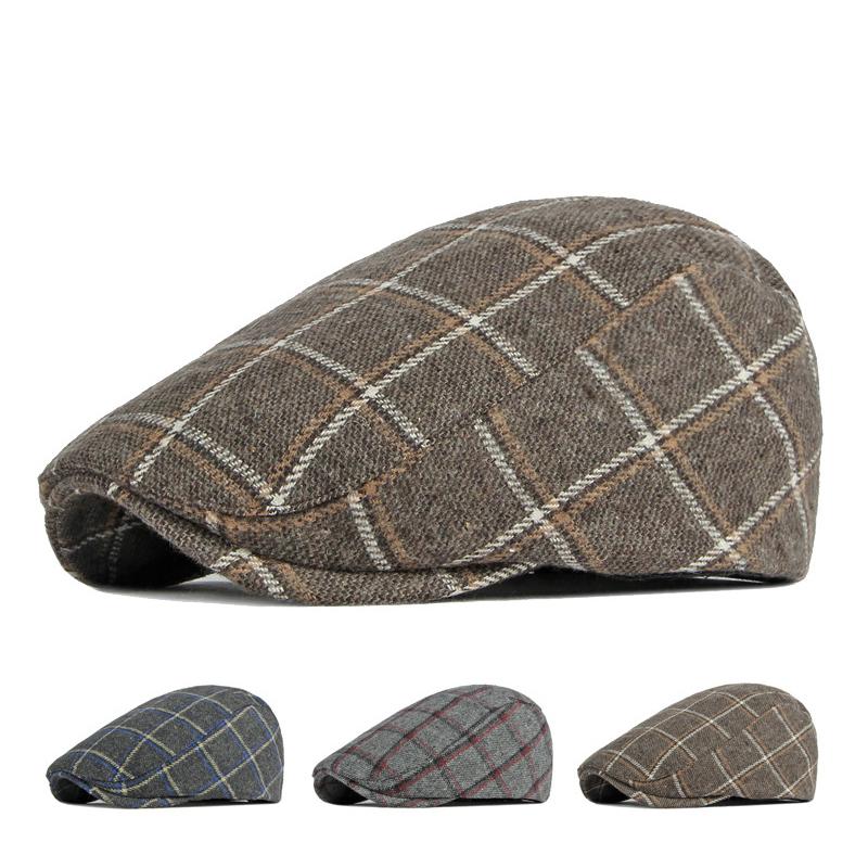 Autumn Winter Thickened Beret Men British Plaid Retro Cap Wool Flat Cap Painters Hats Driver Ivy Hat