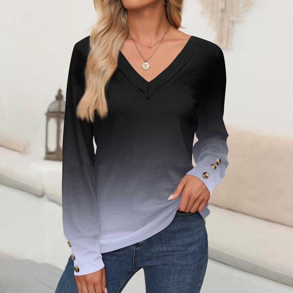 Women's Tops Floral Print Long Sleeve Shirt V Neck Casual Loose Tee Autumn Clothing