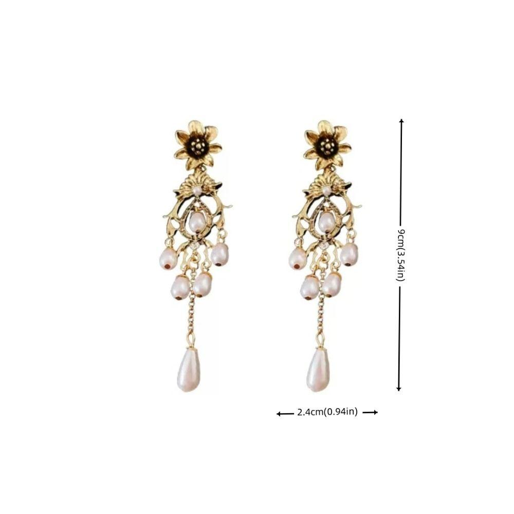 Waterdrop Shape Pearl Drop Earrings Bronze Flower Stud Earrings Vintage Metal Earrings  Party