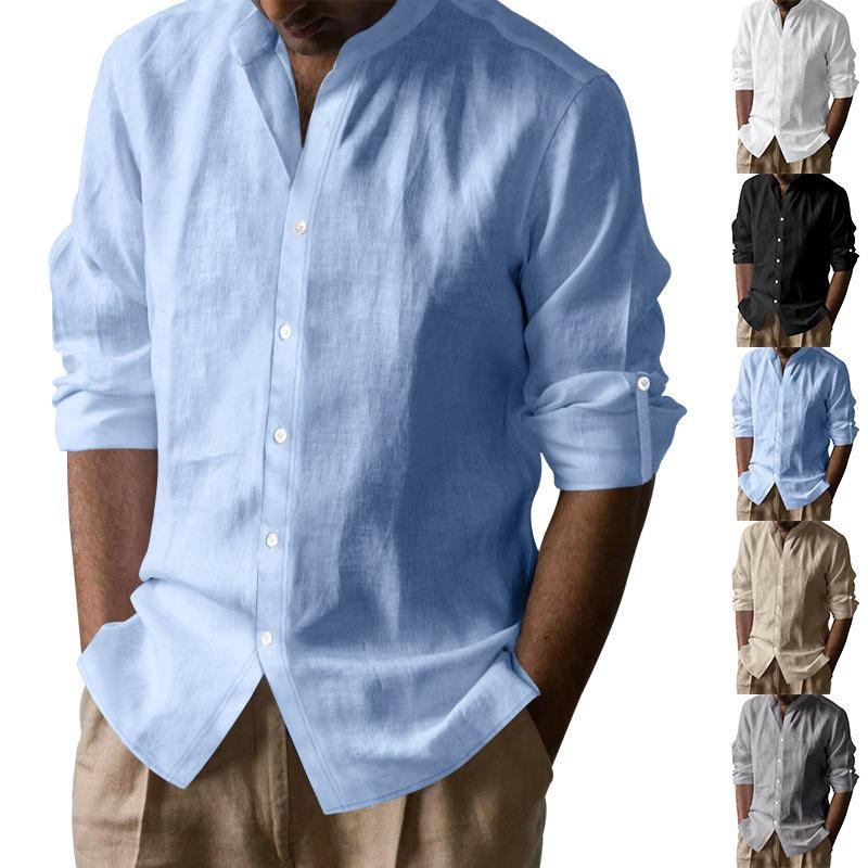 Men Solid Linen Stand Collar Casual Loose Long Sleeve Breathable Shirt