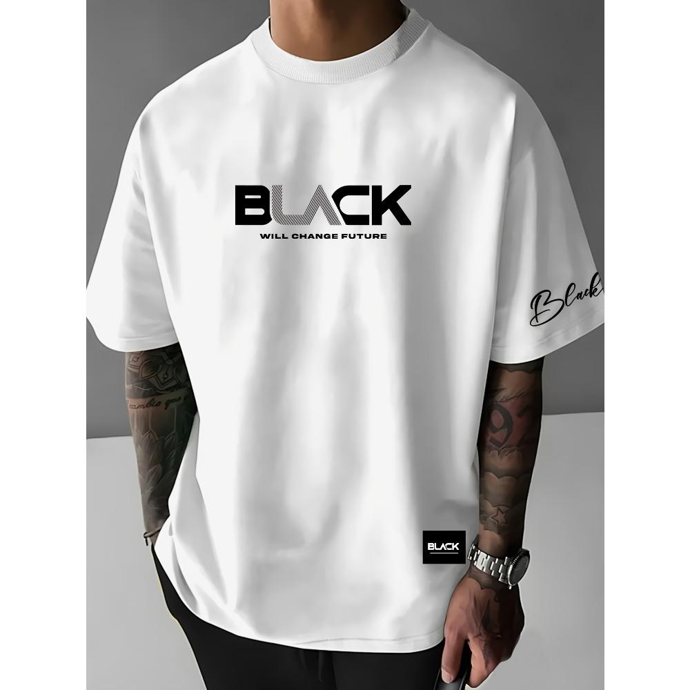 Ευρωπαϊκά μεγέθη ΜΑΥΡΟ T-shirt με Εκτύπωση Γραμμάτων, Διαπνέον και Άνετο, Φαρδιά Εφαρμογή T-shirt, Ανδρικά Ρούχα Εξωτερικού Χώρου