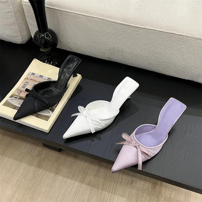 Eilyken Spring Summer Silk Butterfly-knot Women's Slippers Sandals Pointed Toe High Heel Pumps Ladies Stripper Mules Shoe