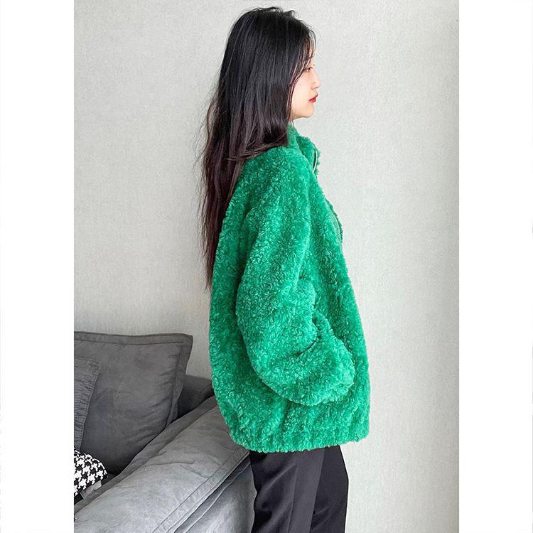 2026 Winter Women's Green Plush Fleece Jacket - Cozy, Loose, Thickened Outerwear