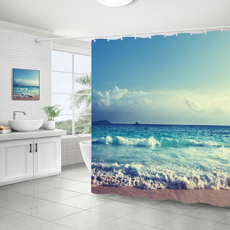 Shower Curtain Bathroom Fabric Non-Punching Beach Natural Scenery Digital Printing Shower Curtain With 12 Hooks