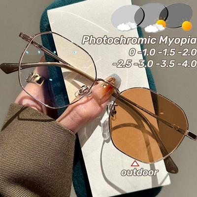 Óculos de Sol Smart para Exterior com Armação de Metal Moda Fotocromáticos Óculos para Miopia Mulheres Homens Óculos de Grau para Visão Curta de 0 a -4,0
