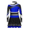 Varsity Style Cheer Uniform for Kids: Long Sleeve Rhinestone Top with School Letter & Contrast Skirt for Performance