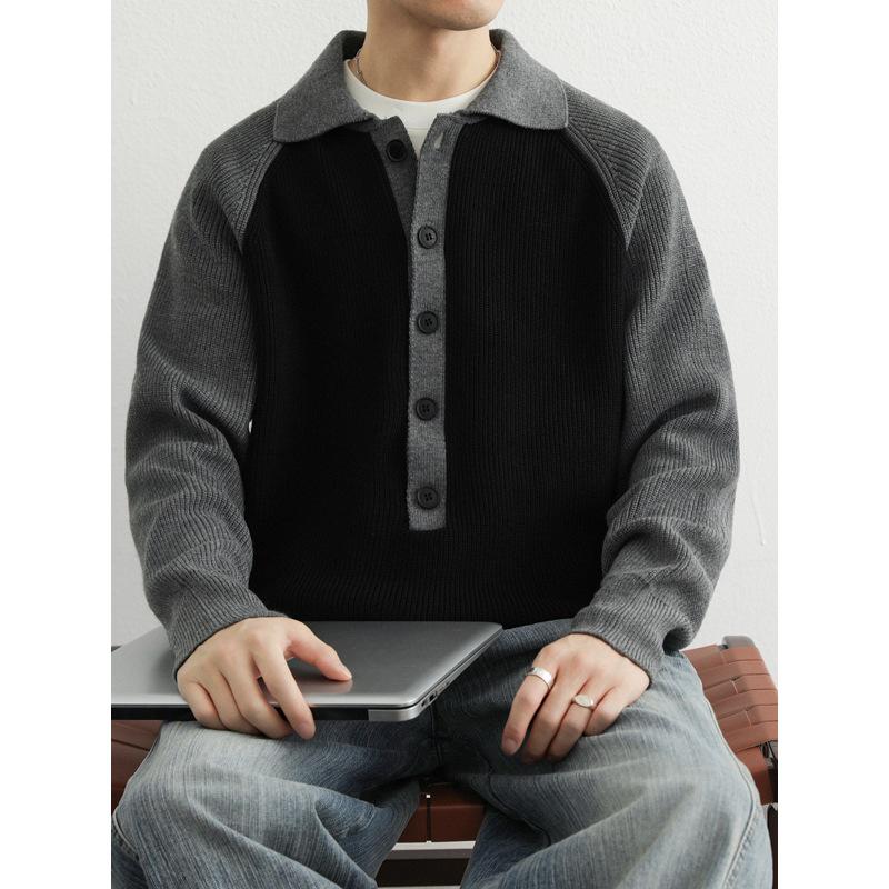 Men's 2025 Color-Block Knit Sweater Coat: Trendy Autumn/Winter Loose, Lazy Style with Half-Button and Turn-Down Collar