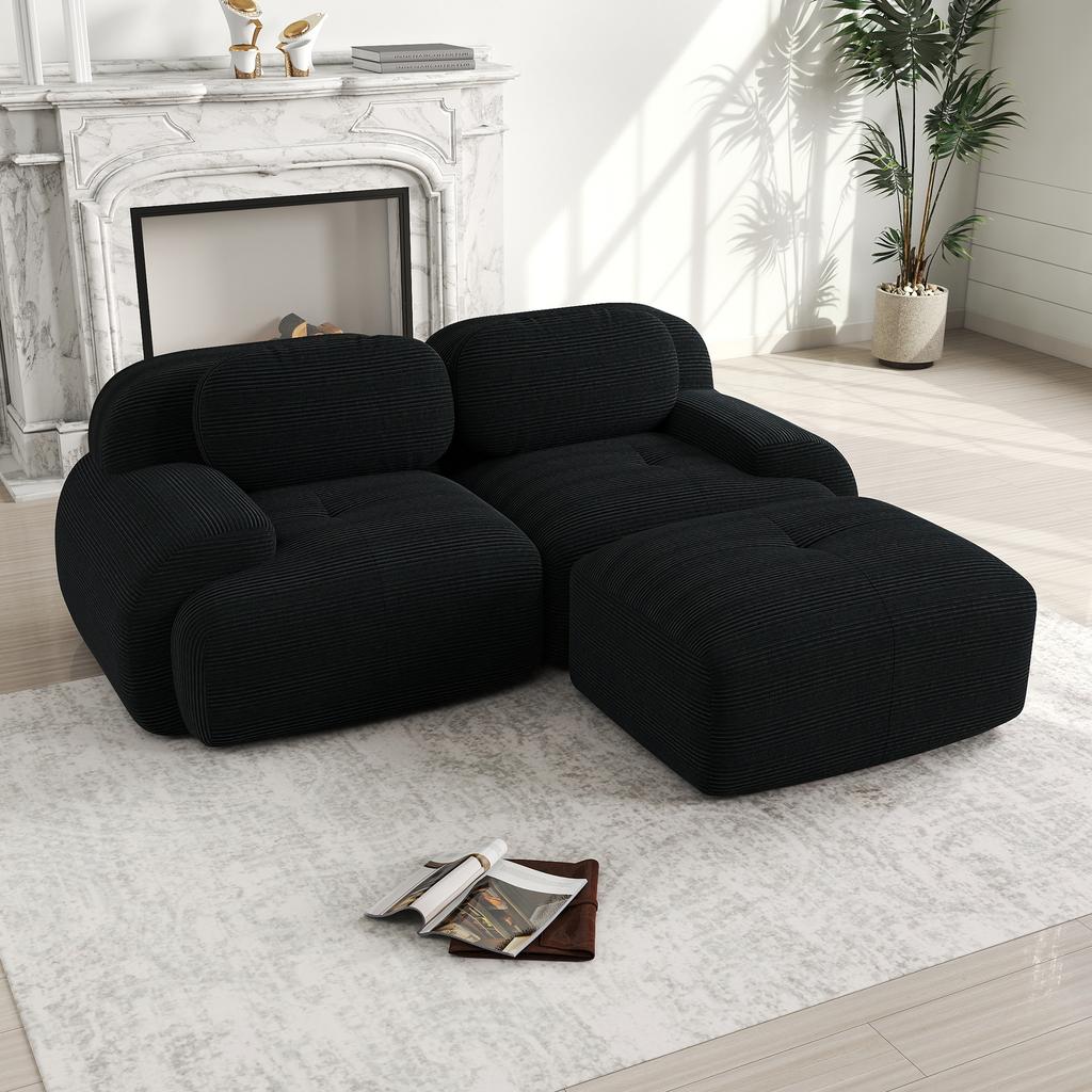 Corner Sofa Made of Corduroy Fabric, Frameless, Combinable with Curved Armrests, No Assembly, Padding for Living Room and Bedroom, Black