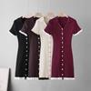 V-neck Slim Slim Slim Single-breasted Splicing Short-sleeved Knitted Hip-wrapped Dress Commuter Summer Dress