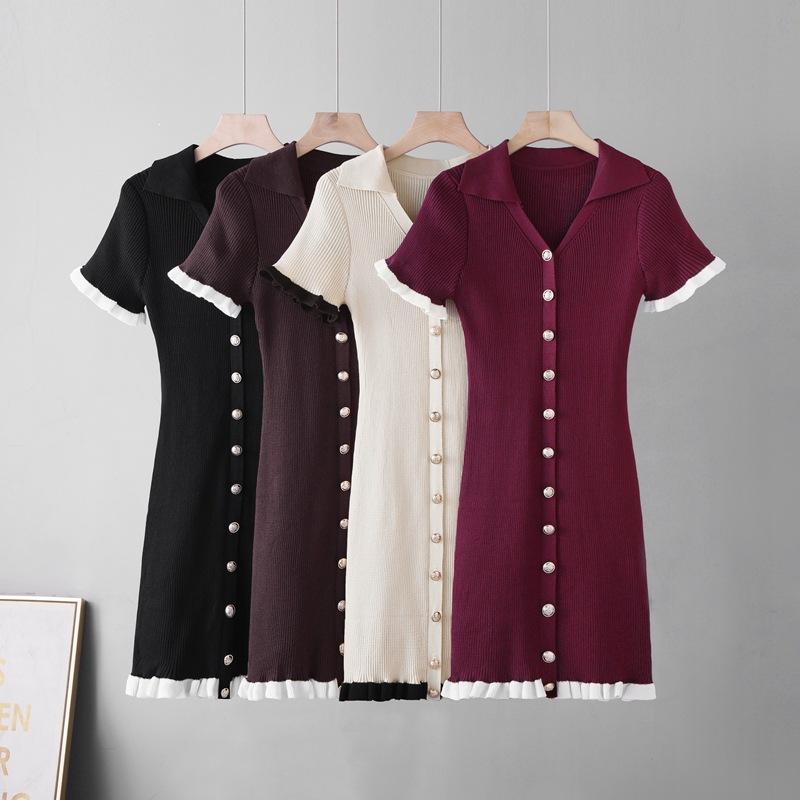 V-neck Slim Slim Slim Single-breasted Splicing Short-sleeved Knitted Hip-wrapped Dress Commuter Summer Dress