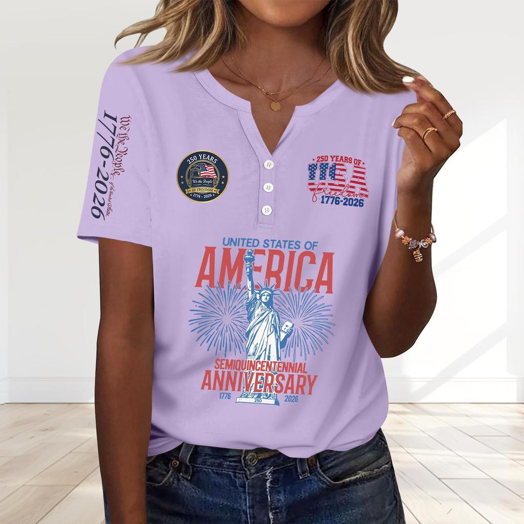 Women's Fashion Casual 250th Anniversary Independence Day Print V-Neck Short Sleeve Decorated Button-Up T-Shirt