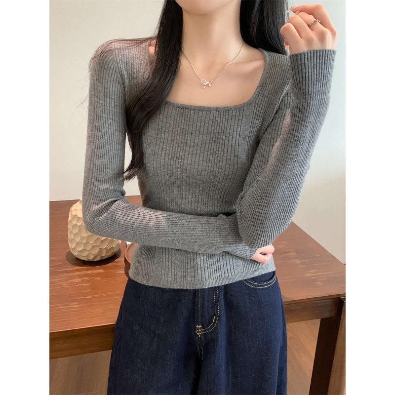 High-end square-neck knitted bottoming shirt women's spring and autumn inner sweater slim-fitting and thin casual long-sleeved top