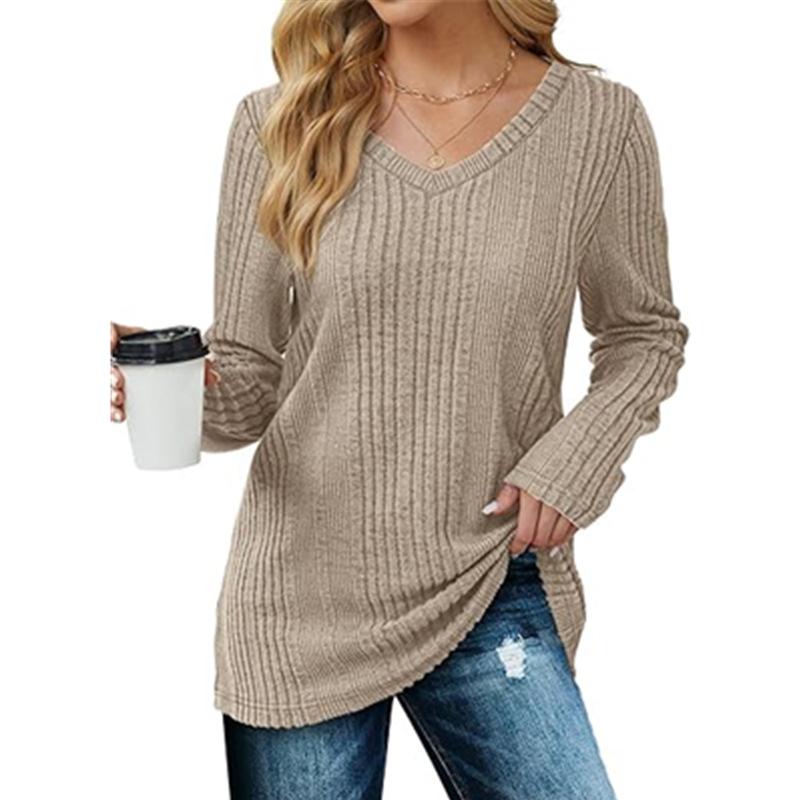 Pulover Tricotat cu Gât în V pentru Femei cu Mânecă Lungă Culoare Uni Pullover Casual Top de Zi cu Zi