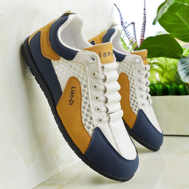 Men Breathable Hollow Mesh Thick Sole Colorblock Low Top Casual Shoes 39 бежевый
