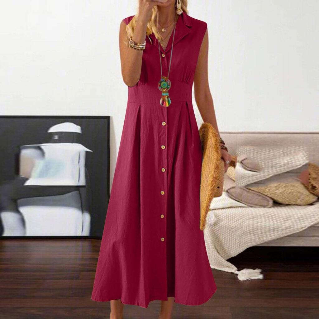 Lightweight Cotton Linen Dress For Women Summer Button Down Lapel Collar Casual Sleeveless Dresses