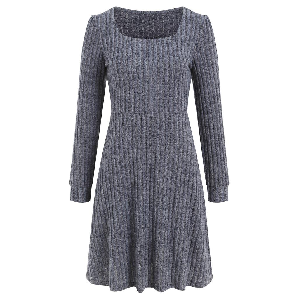 Vestido de Punto de Manga Larga para Mujer con Bolsillos Cuello Cuadrado Vestidos Ajustados Tejido de Color Puro Vestido Elegante para Mujer