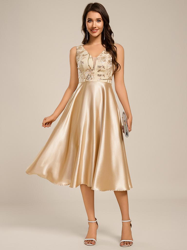 Ever-Pretty A-Linie Tiefer V-Ausschnitt Pailletten Satin Ärmellos Midi-Länge Hochzeitsgastkleid