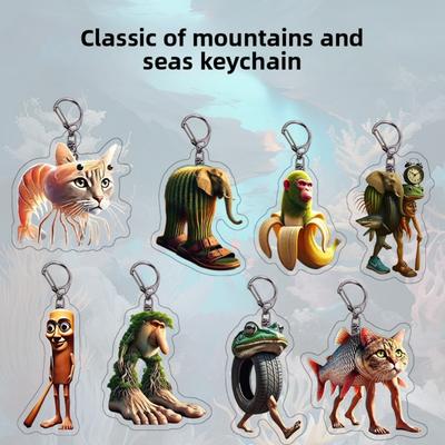 2D Flat Acrylic Internet Celebrity Hot Stem Shanhaijing Keychain Funny Abstract Wooden Stick Man Big Foot Tree Acrylic Pendant