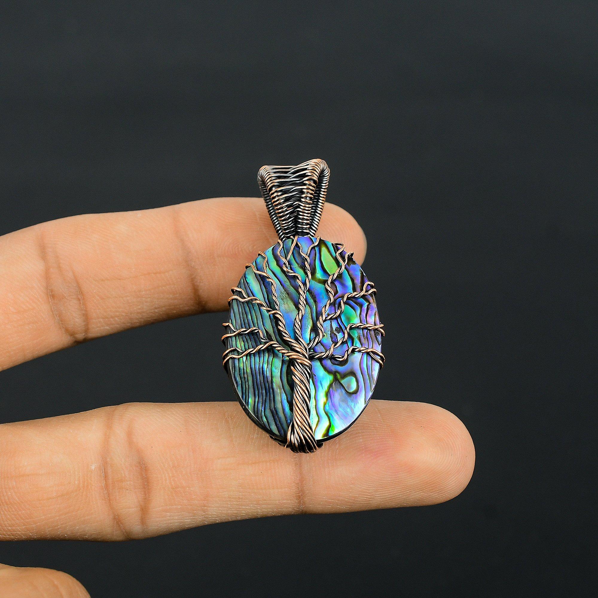 

Кулон из раковины абалона, обернутый медной проволокой 999 пробы, Ювелирные изделия с подвеской из драгоценного камня ручной работы, Подарки для жены, Совершенно новый кулон 2.55 Inches