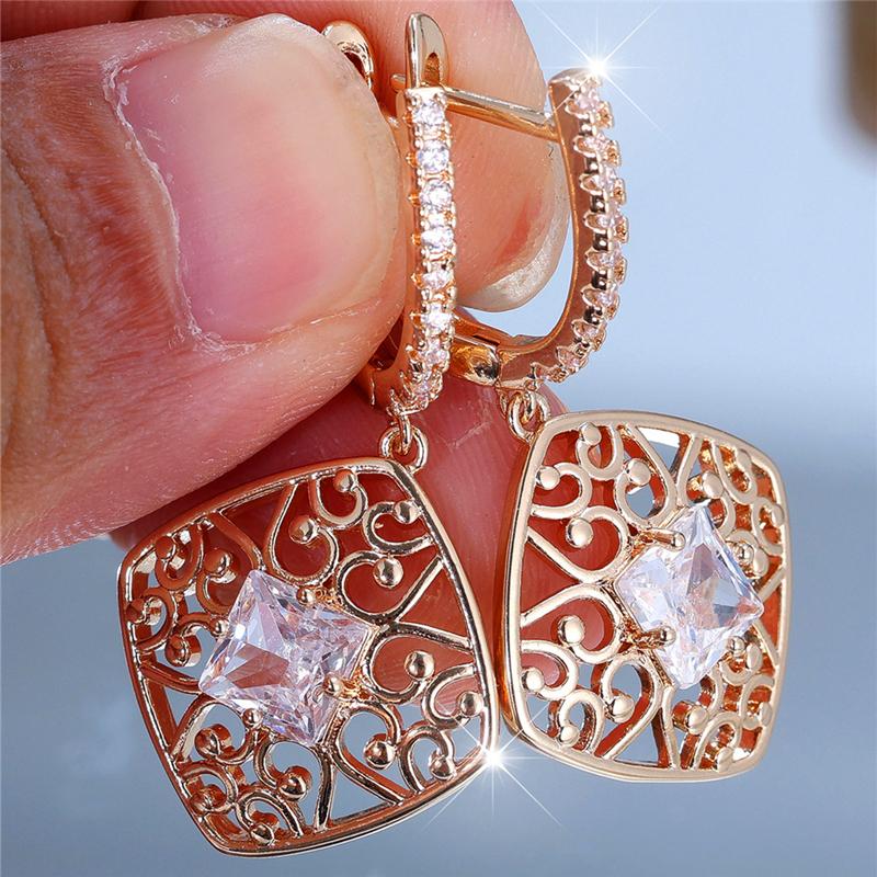 Vintage Gold Color Hollow Pattern Long Dangle Earrings for Women White Square Zircon Earrings Wedding Jewelry