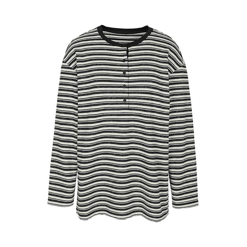 LESS 2025 Winter Striped Long Sleeve Loose Fit Polo T-shirt M