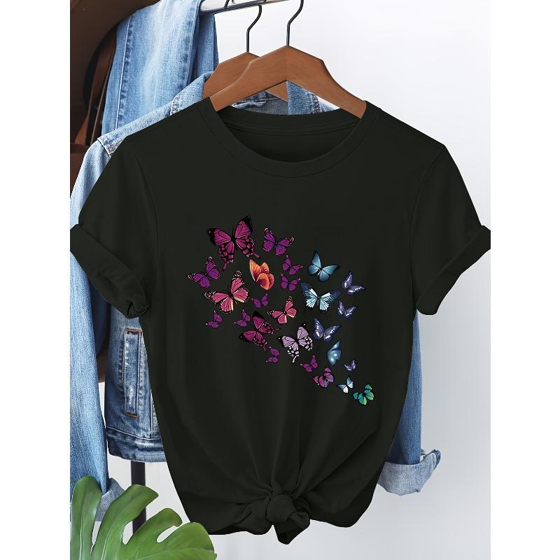 

European Size European Size Butterfly Print Short Sleeve T-Shirt 4XL чорний