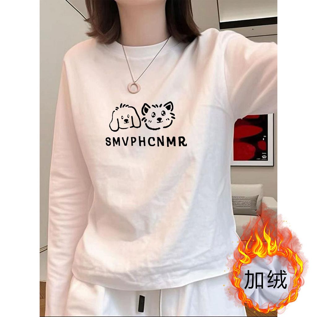 Women's Long Sleeve T-Shirt Crew Neck Fall Winter Casual Cartoon Print Loose Cotton Thermal Lined Base Layer Top