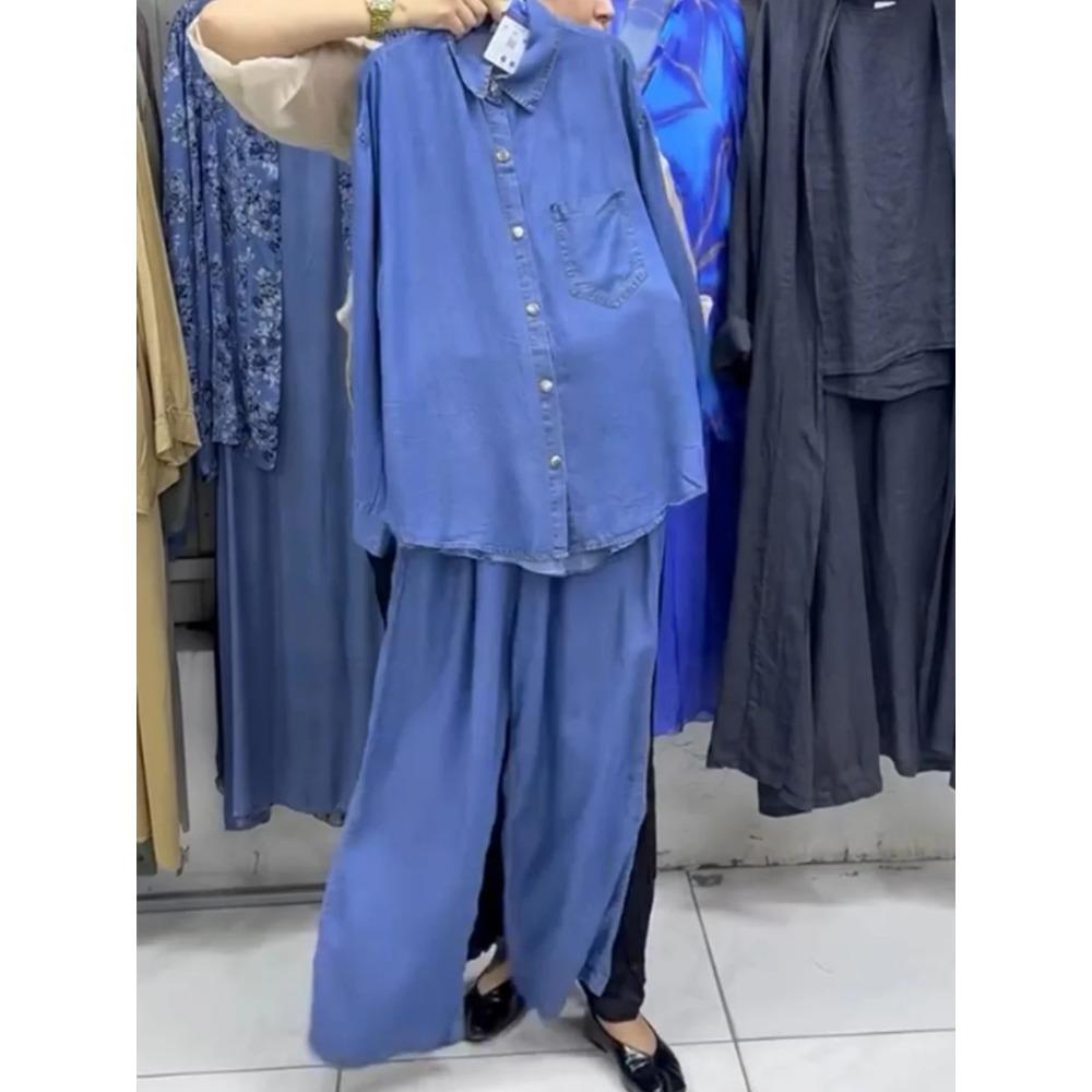 

Spring and Summer New Women s Casual Solid Color Loose Denim Two-piece Set S