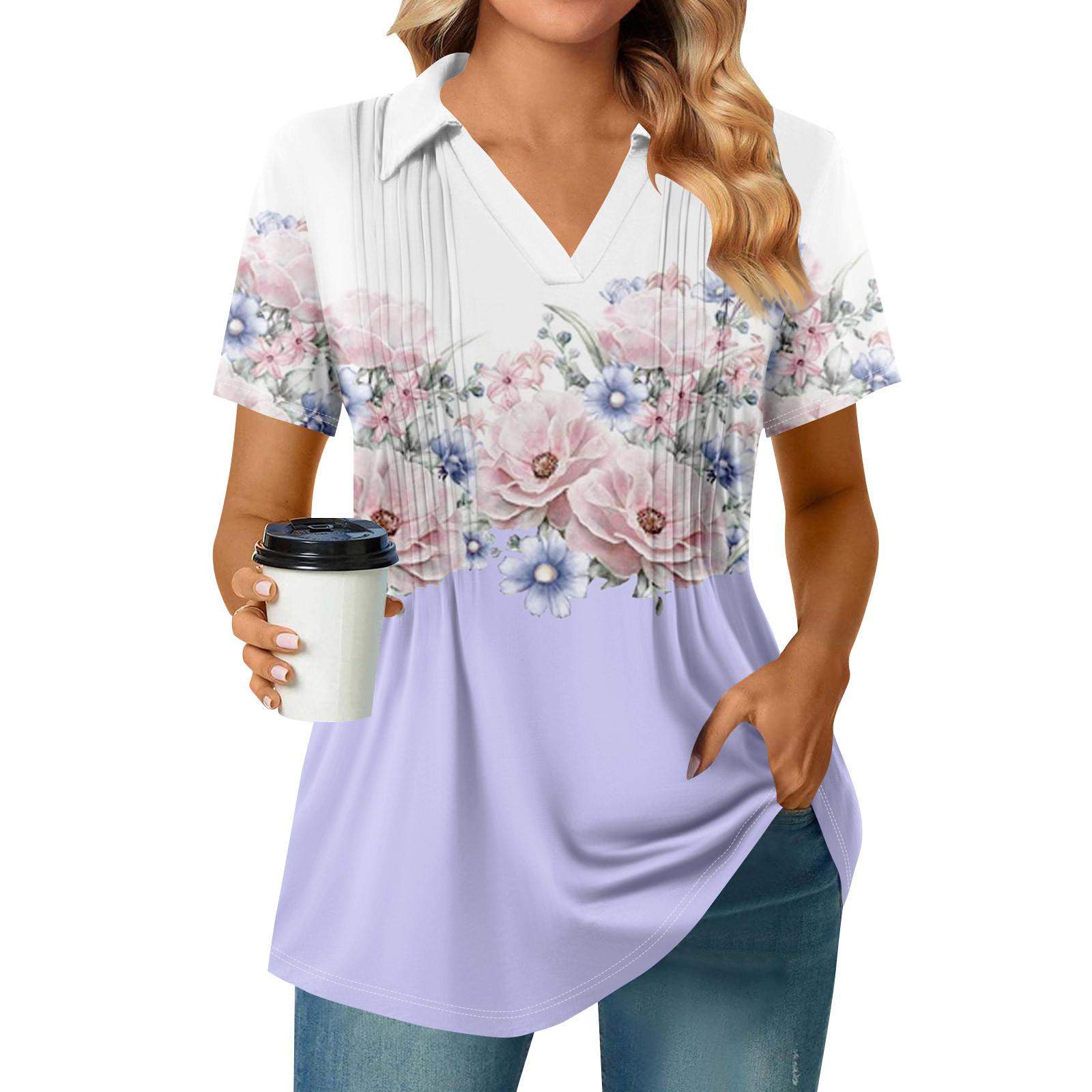 

Женские футболки с коротким рукавом, плиссированные, с V-образным вырезом, с принтом, с воротником, летние топы, модные, деловые, повседневные, рабочие L светло-фиолетовый