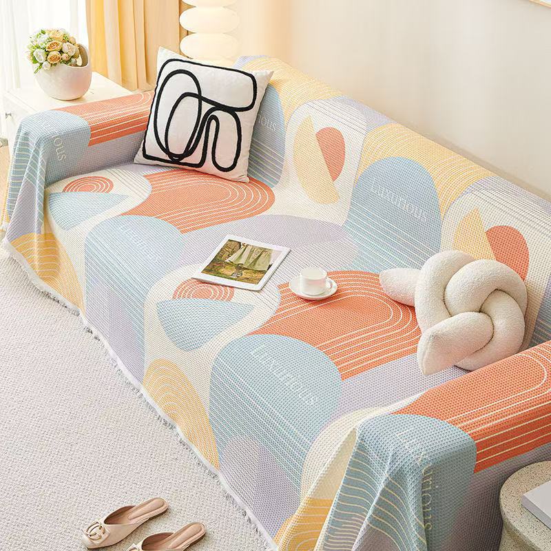 Anti Cat Scratch Sofa Towel with Tassel Nordic Printed Non Slip Blanket for Living Room Multi-Purpose Dust Cover for All Seasons
