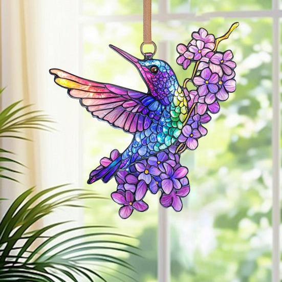 Barevný lapač slunce s kolibříkem Vitrážové akrylové květinové a kolibříkové dekorace Závěsný lapač slunce