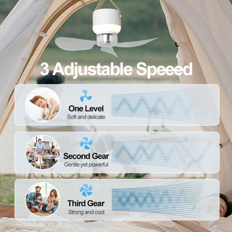 11,4 Zoll USB-wiederaufladbarer Campinglüfter mit Fernbedienung und LED-Licht, 3 Geschwindigkeiten, 3 Helligkeitsstufen für Zelt und Outdoor