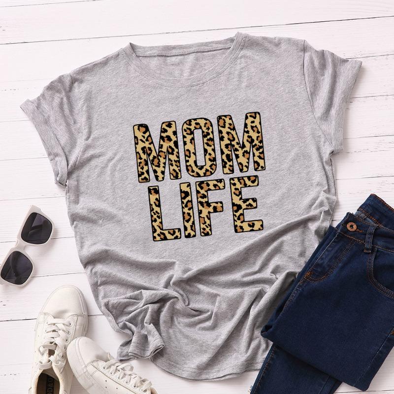 Summer Women's Leopard Print Creative Text MOM LIFE Print Loose Round Neck Short Sleeved Pure Cotton T-Shirts Women’s