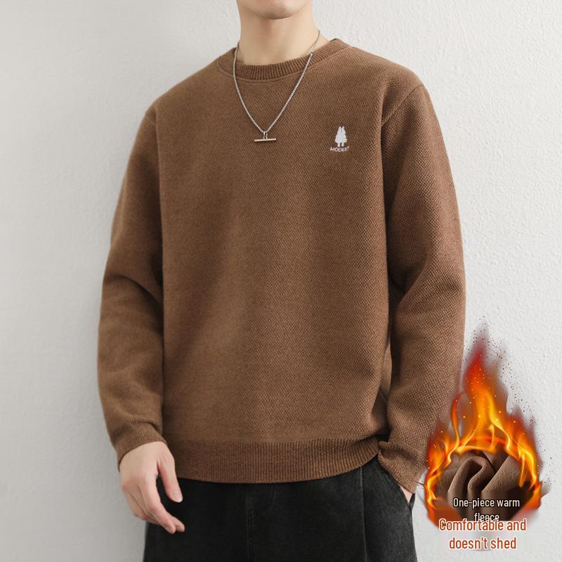Men's Youth Velvet Thickened Wool Sweater - Embroidered, Warm, Trendy Round Neck Knitwear for Autumn and Winter
