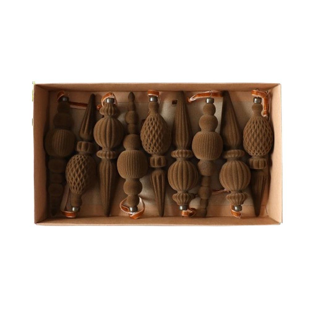 9Pcs Solid Color Velvet Christmas Ball Set Vintage Long Finial Hanging Ornaments New Year