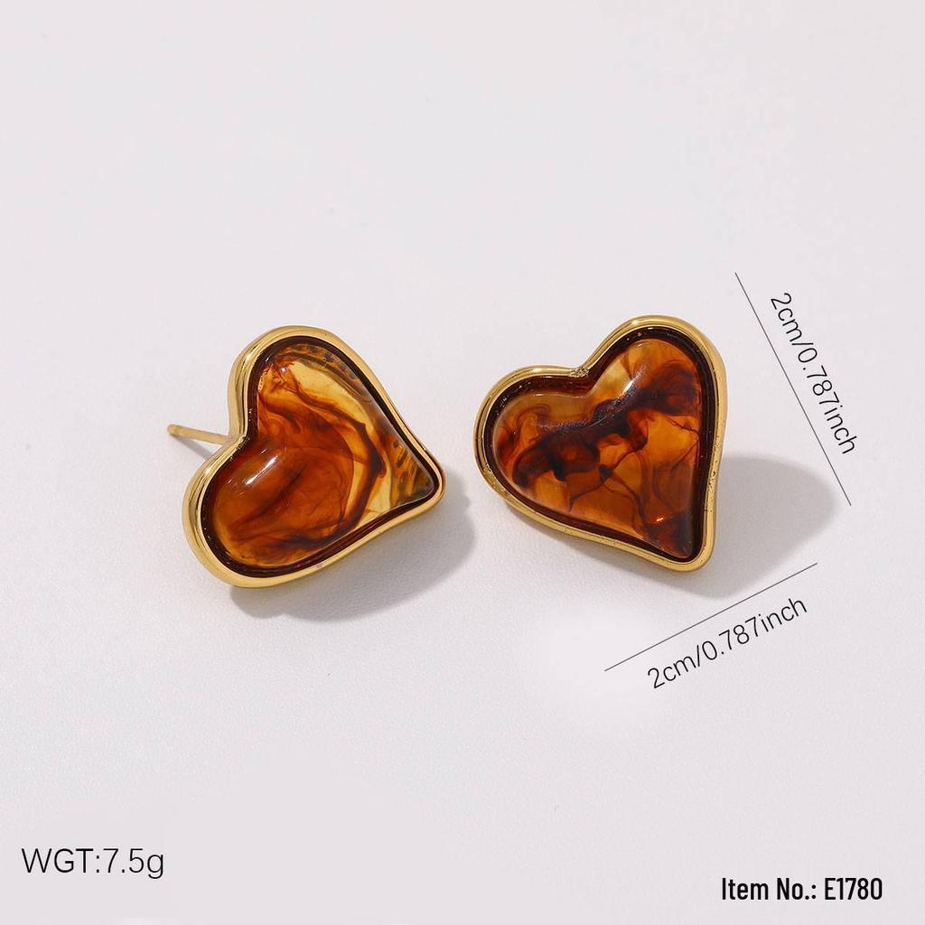 Vintage Amber Gradient Flower & Heart Stainless Steel Stud Earrings with Sun Pattern