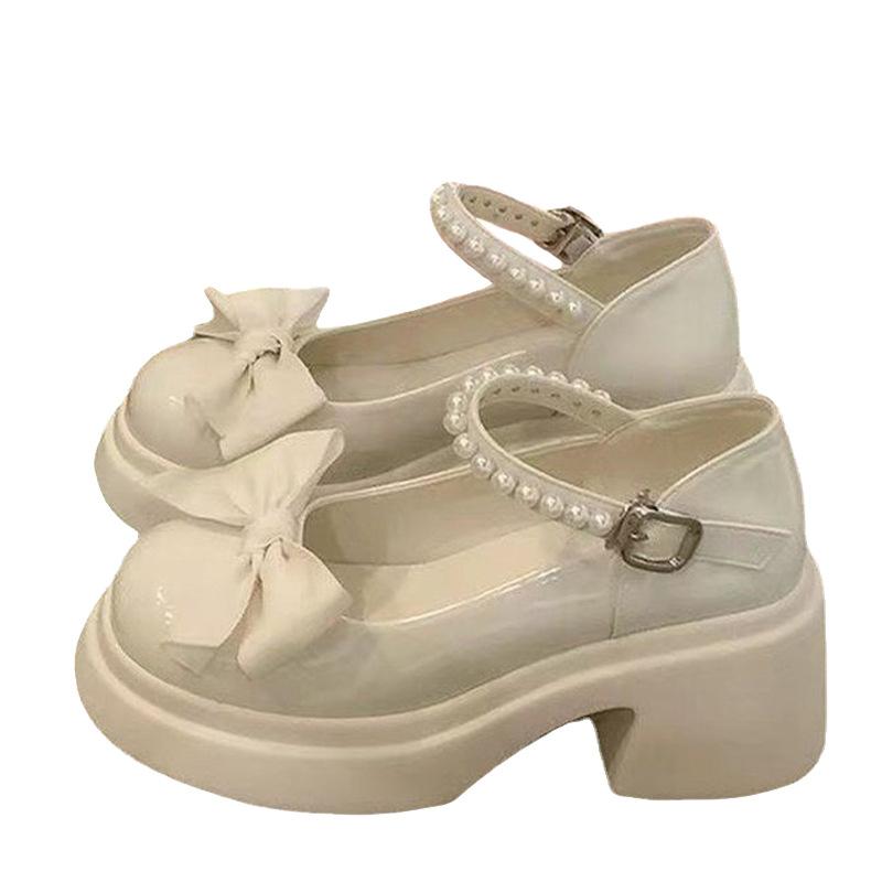 Fashion Classic Round-Toe Mary Jane Pumps French Style Butterfly Knot with Pearl Embellishments and Thick Sole Solid Colors Versatile