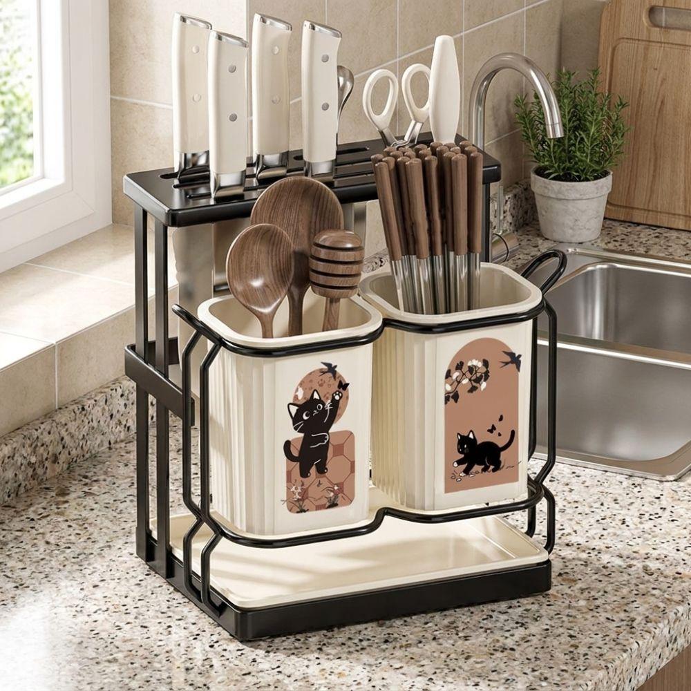 Cute Cat Pattern Kitchen Storage Rack Standing Cutlery Organizer Chopstick Holder Home Use
