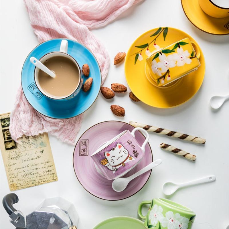 Coffee Cup Waterware Lucky Cat Dish Saucer Spoon Set Gift Box Japanese Green Handle Cartoon Tea Drinkware Home Kitchen Supplies