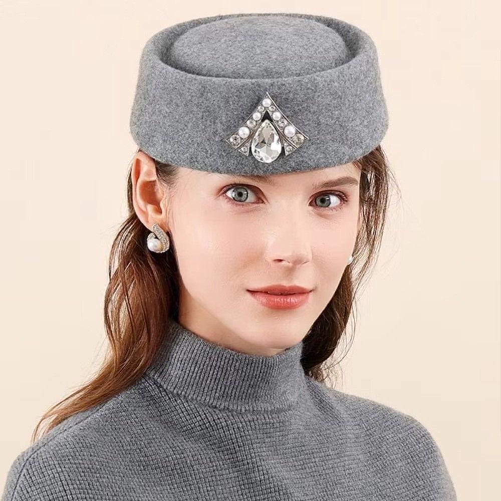 New British Retro Top Hats Crystal Embellished Headwear Felt Beret Air Hostess Hat for Women Party